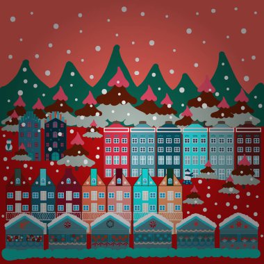 Pembe, mavi ve kırmızı renkler üzerinde çizim. Desen evler. Vektör çizim.