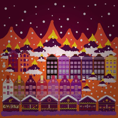 Yeni Yılınız Kutlu Olsun. Vektör çizim. Kırmızı, turuncu ve mor renkler sevimli binalarda. Neşeli Noel kartı ev.