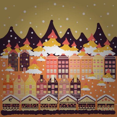 Vektör çizim. Tasarım arka plan için. Parlak bir peri masalı köy evleri ve ağaçlar, hills, mountans, kardan adam. Panorama bej, turuncu ve mor renkler.