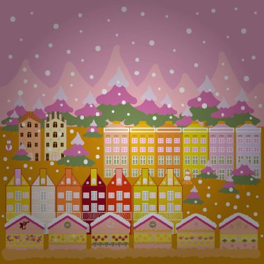 Büyülü ormanda manzara. Pembe, sarı ve nötr renkler kartpostal. Olağandışı christmas illüstrasyon. Peri ev şaşırtıcı Noel stili dekore edilmiştir. Vektör çizim.