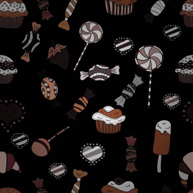 Vektör çizim. Şekerci dükkânı. Tatlılar ve mumlar, çizimler. Sorunsuz.