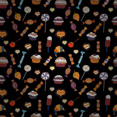 Sevimli ve renkli şeker tatlı Dikişsiz desen beyaz, siyah ve turuncu zemin üzerine. Beyaz, siyah ve turuncu sürümü. Vektör çizim. İzole.