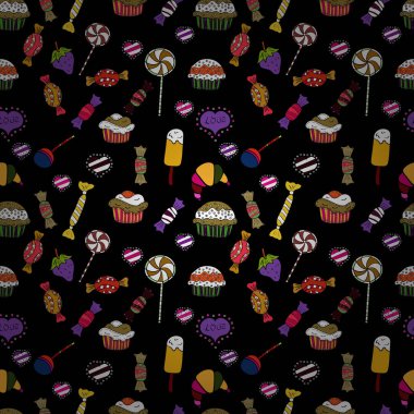 Sevimli çizgi renkli kesintisiz vektör desenle şeker ve pamuk helva. Vektör. Sarı, siyah ve beyaz renkler şekerler.