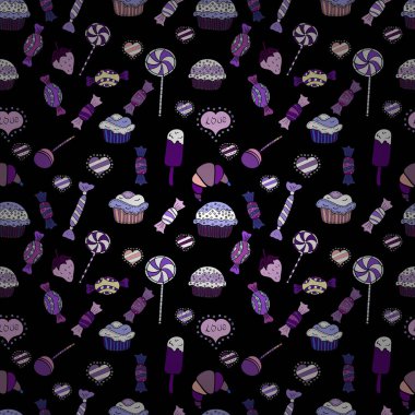 Sulu boya resimde beyaz, siyah ve mor renkler. Şekerler sorunsuz arka plan üzerinde. Vektör.