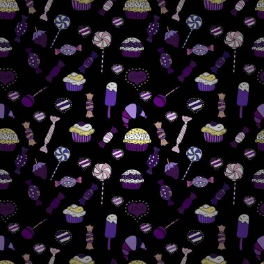 Beyaz, siyah ve mor renkler. Şeker vektör doodle. Suluboya tatlılar şekerlemeler ile Seamless modeli.