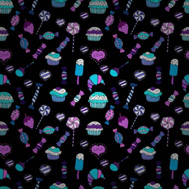 Renkli, retro el Cadılar Bayramı davranır mor, siyah ve mavi arka plan üzerinde gösterilmiştir. İlginç, Soyut El çekilmiş sorunsuz vektör şeker desen.