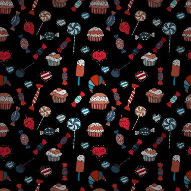 Sorunsuz şekerler. Düz stil vektör çizim. Oyun, kartpostal, davet ve web tasarımı için. Kırmızı, beyaz ve siyah arka plan üzerine şeker.