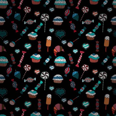 Vektör siyah, beyaz ve mavi şeker ile seamless modeli. Tekstil, kartlar, için tatlı web tasarım: lezzetli gerçekçi seamles arka plan: grafik fantastik şeker.