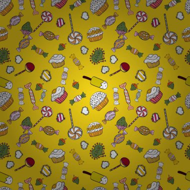 Yeni yıl vektör çizim. Noel hediyeleri için kağıt ambalaj. Sarı, beyaz ve siyah arka plan üzerine şeker ile Noel vektör seamless modeli.