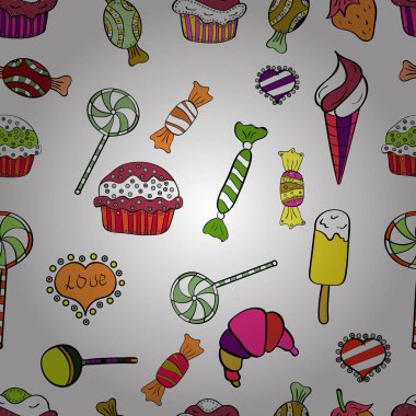 İlginç, Soyut El çekilmiş sorunsuz vektör şeker desen. Cadılar Bayramı davranır beyaz, siyah ve turuncu arka plan üzerinde renkli, retro el resimli.