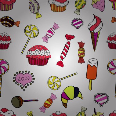 Beyaz, siyah ve pembe sürümü. Vektör çizim. Sevimli ve renkli şeker tatlı Dikişsiz desen beyaz, siyah ve pembe arka plan üzerinde. İzole.