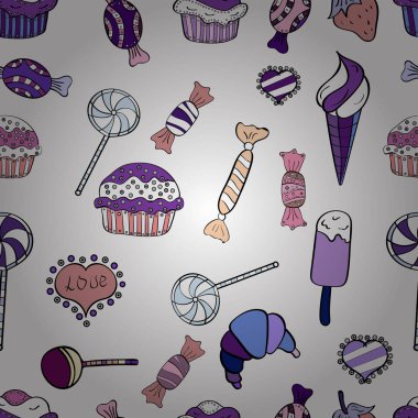 İlginç, Soyut El çekilmiş sorunsuz vektör şeker desen. Cadılar Bayramı davranır beyaz, siyah ve mor arka plan üzerinde renkli, retro el resimli.