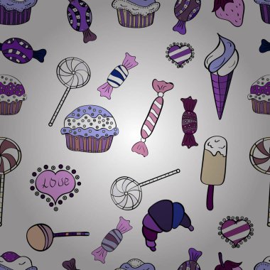 Şeker vektör doodle. Suluboya tatlılar şekerlemeler ile Seamless modeli. Beyaz, siyah ve mor renkler.
