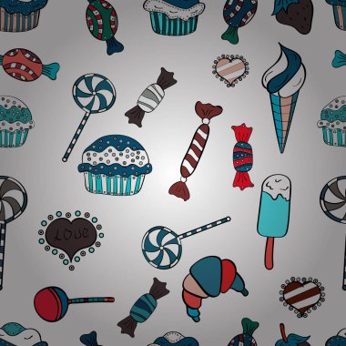 Beyaz, mavi ve siyah arka plan ile şirin el çekilmiş tatlı illüstrasyon seamless modeli. Vektör.