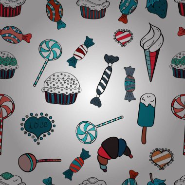 Noel hediyeleri için kağıt ambalaj. Beyaz, mavi ve siyah arka plan üzerine şeker ile Noel vektör seamless modeli. Yeni yıl vektör çizim.