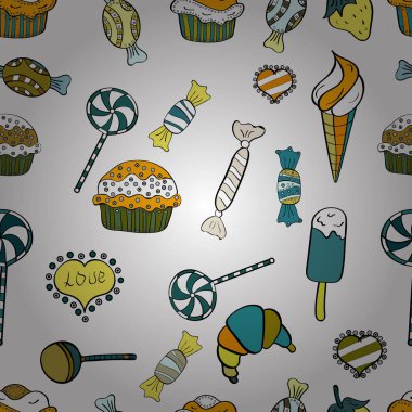 Dikişsiz desen suluboya tatlılar şekerlemeler ile elle çizilmiş bir beyaz, sarı ve siyah arka plan üzerinde izole. Vektör çizim.