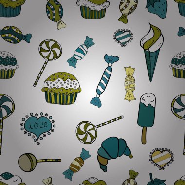 Beyaz, yeşil ve siyah renkler. Şeker vektör doodle. Suluboya tatlılar şekerlemeler ile Seamless modeli.