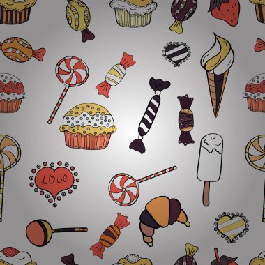 Suluboya tatlılar şekerlemeler ile Seamless modeli. Şeker vektör doodle. Beyaz, siyah ve turuncu renkler.
