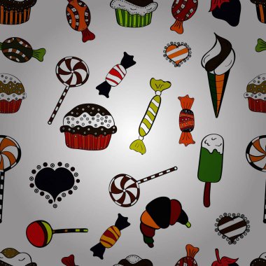 İlginç, Soyut El çekilmiş sorunsuz vektör şeker desen. Cadılar Bayramı davranır beyaz, siyah ve kırmızı bir arka plan üzerinde renkli, retro el resimli.