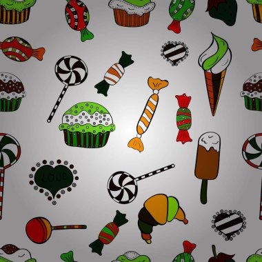 Renkli, retro el Cadılar Bayramı davranır bir beyaz, siyah ve yeşil zemin üzerine resimli. İlginç, Soyut El çekilmiş sorunsuz vektör şeker desen.