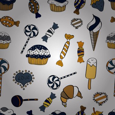 Sorunsuz. Tatlılar ve mumlar, çizimler. Vektör çizim. Şeker Dükkanı.