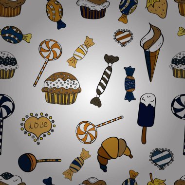 Düz stil vektör çizim. Beyaz, siyah ve sarı zemin üzerine şeker. Sorunsuz şekerler. Oyun, kartpostal, davet ve web tasarımı için.