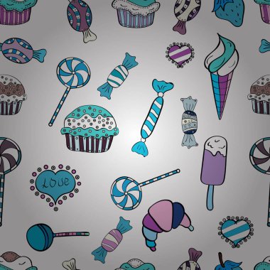 Sorunsuz kek desen. Kızlar, kağıt ambalaj için zemin. Besin öğeleri renkli beyaz, mavi ve siyah duvar kağıdı tekrar. Vektör çizim.