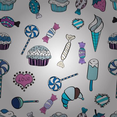 Vektör çizim. Tatlılar tasarım arka plan. Seamless modeli çizilmiş cupcakes ver. Ekmek için yazdırın. Siyah, beyaz ve mavi renk.