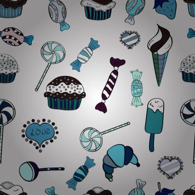 Gıda posteri tasarımı için izole edilmiş renkli kek. Beyaz, mavi ve siyah. Şirin vektör kekleri ve keklerden arınmış..