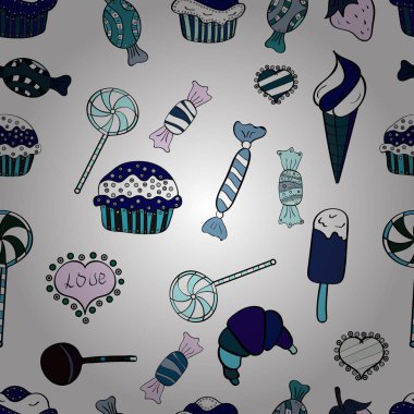 Gıda afiş tasarımı için. Vektör. Pasta kek şirin seamless modeli. Güzel Doğum günü desen beyaz, siyah ve mavi.