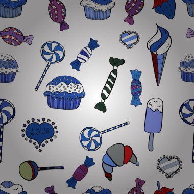 Siyah, mavi ve beyaz üzerinde şirin bir doğum günü deseni. Kusursuz, şenlikli pastalar ve alışılmadık tasarımın leziz kekleri. Vektör.