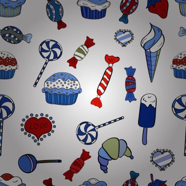 Doodle kek krem ile. Vektör çizim. Şirin Doğum günü desen beyaz, siyah ve mavi. Elle çizilmiş cupcakes. Vektör cupcake çizim.