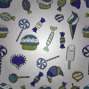 Sorunsuz elle çizilmiş vintage tatlı kek ve kurabiye. Mavi, siyah ve beyaz desen güzel Doğum günü. Cupcake desen. Vektör çizim.