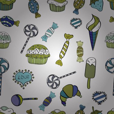 Tatlılar tasarım arka plan. Soluk mavi, siyah ve beyaz seamless modeli kekler. Vektör çizim. Şirin Doğum günü arka plan mavi, siyah ve beyaz.