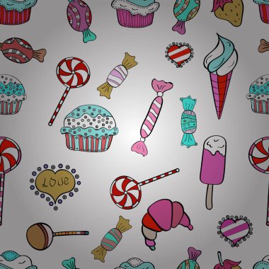 Vektör çizim. Kek ile Seamless modeli. Güzel Doğum günü pembe, beyaz ve siyah arka plan. Kağıt ambalaj.