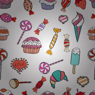 Vektör çizim. Sorunsuz kek desen. Besin öğeleri renkli beyaz, pembe ve siyah duvar kağıdı tekrar. Kızlar, kağıt ambalaj için zemin.