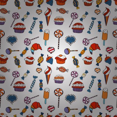 Sorunsuz cupcake, peri kek. Vektör. Siyah, mavi ve beyaz sevimli Doğum izi. Gıda afiş tasarımı için.