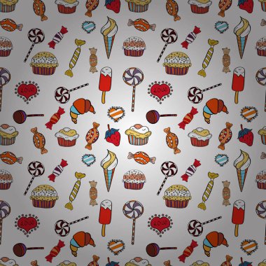 Desen siyah, beyaz ve turuncu. Vektör çizim. Sorunsuz çeşitli kek, haşhaş tohumu, çikolatalı, kabak krema, çikolata ve lezzetli Breakfast veya tatlı çörek.