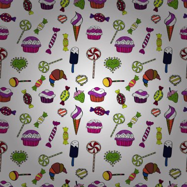 Gıda afiş tasarımı için. Kağıt ambalaj. Beyaz, siyah ve mor zemin üzerine kek ile sorunsuz. Vektör çizim.