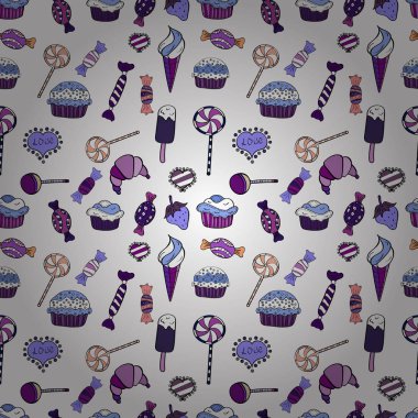 Kağıt ambalaj. Beyaz, siyah ve mor gıda afiş tasarımı için. Vektör çizim. Sorunsuz kekler.