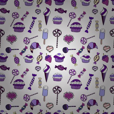 Seamless modeli ile elle çizilmiş doodle tatlılar: top kek, kek, pasta, kek. Şirin Doğum günü arka plan üzerinde siyah, mor ve beyaz. Vektör çizim.