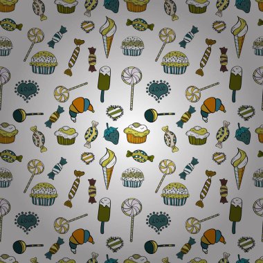 Cupcake seamless modeli. Şirin Doğum günü sarı, beyaz ve siyah arka plan. Kağıt ambalaj. Vektör çizim. Tatlılar arka plan tasarım.