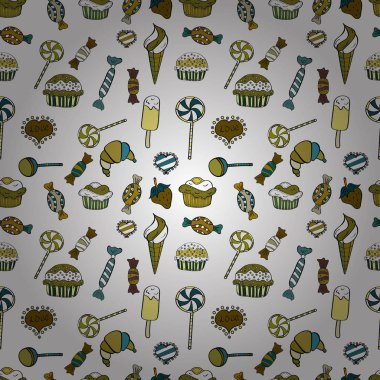 Sorunsuz elle çizilmiş doodle tatlılar: top kek, kek, pasta, kek. Güzel Doğum günü arka plan üzerinde siyah, beyaz ve kahverengi. Vektör çizim.