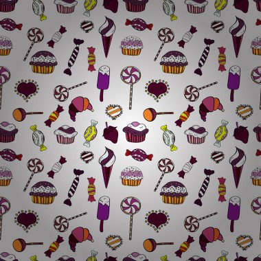 Elle çizilmiş cupcakes. Doodle kek krem ile. Vektör çizim. Siyah, beyaz ve mor şirin Doğum izi. Vektör cupcake çizim.