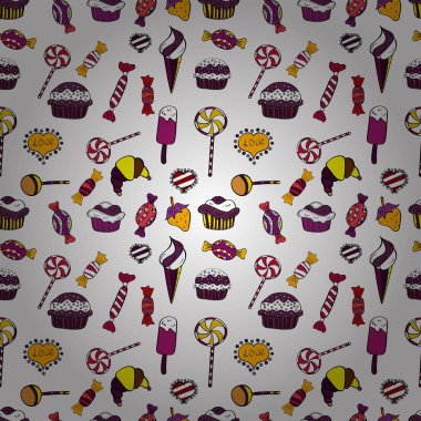 Siyah, beyaz ve mor şirin Doğum izi. Vektör çizim. Doodle kek krem ile. Vektör cupcake çizim. Elle çizilmiş cupcakes.