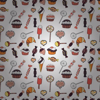 Muffin. Cupcake desen arka plan. Vektör çizim. İyi ki doğdun cupcake arka planda turuncu, beyaz ve siyah. Seamless.Cupcake vektör desen.