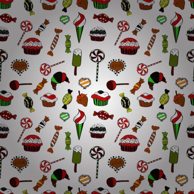 Güzel Doğum günü desen beyaz, siyah ve kırmızı. Gıda afiş tasarımı için. Pasta kek şirin seamless modeli. Vektör.