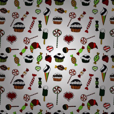 Güzel Doğum günü desen beyaz, kırmızı ve siyah. Gıda afiş tasarımı için. Pasta kek şirin seamless modeli. Vektör.