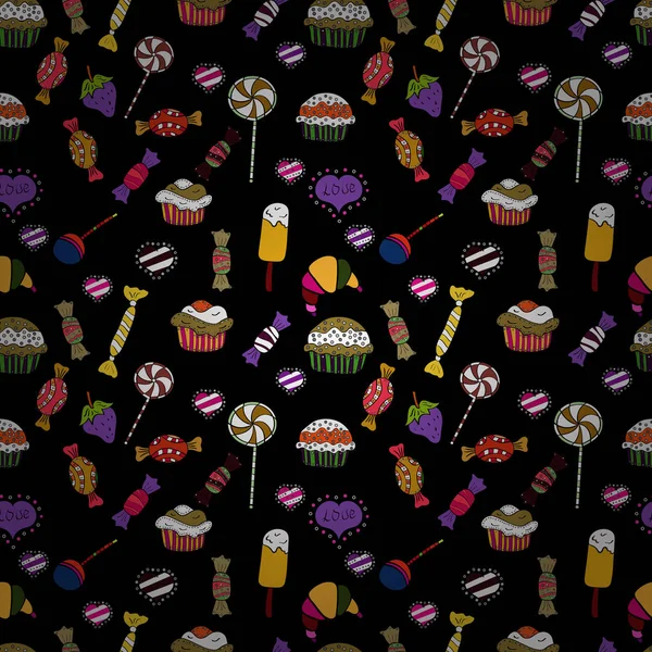 Sevimli çizgi renkli kesintisiz vektör desenle şeker ve pamuk helva. Vektör. Sarı, siyah ve beyaz renkler şekerler.