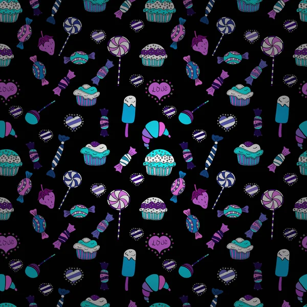 Renkli, retro el Cadılar Bayramı davranır mor, siyah ve mavi arka plan üzerinde gösterilmiştir. İlginç, Soyut El çekilmiş sorunsuz vektör şeker desen.